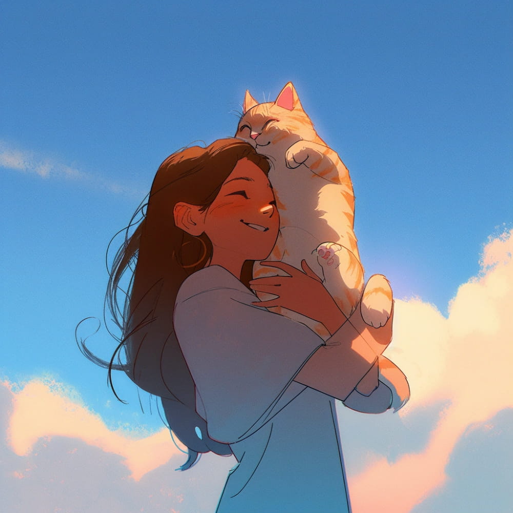 女孩抱着猫咪头顶蓝天白云治愈系女生Ai头像_4