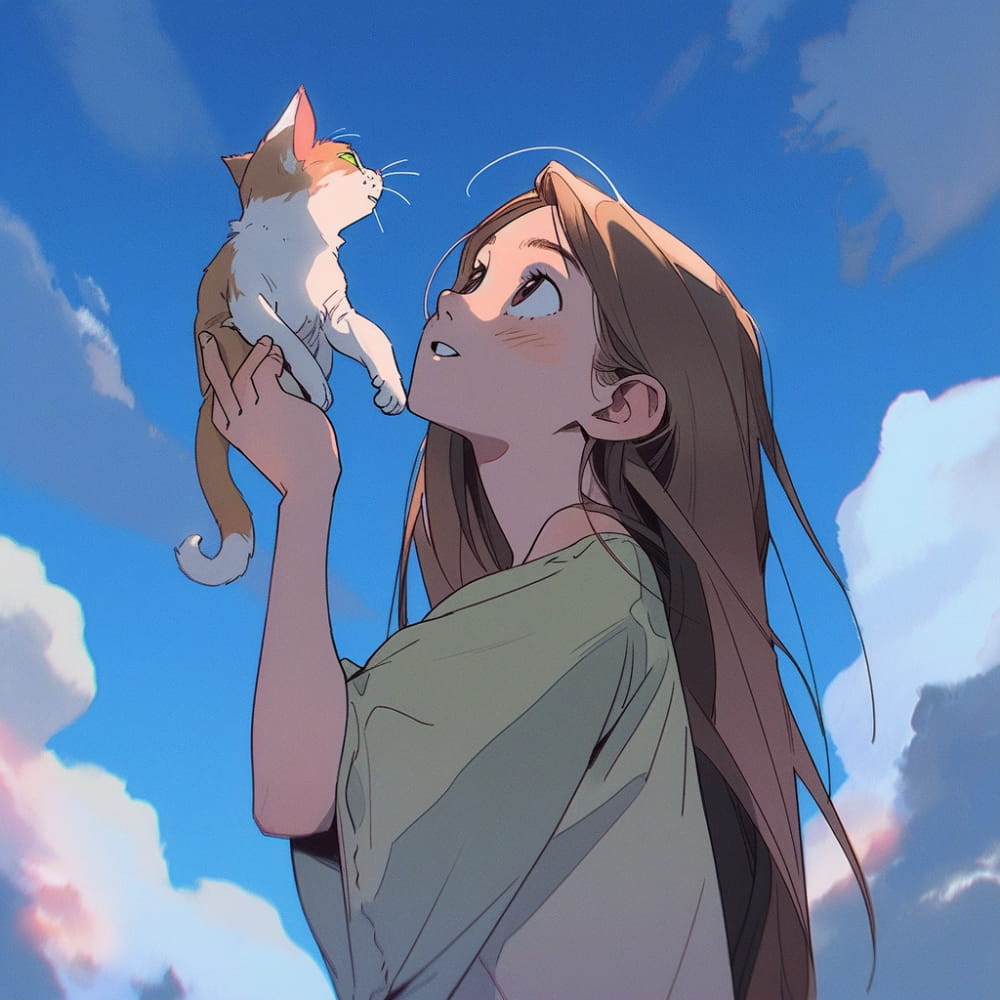 女孩抱着猫咪头顶蓝天白云治愈系女生Ai头像_6