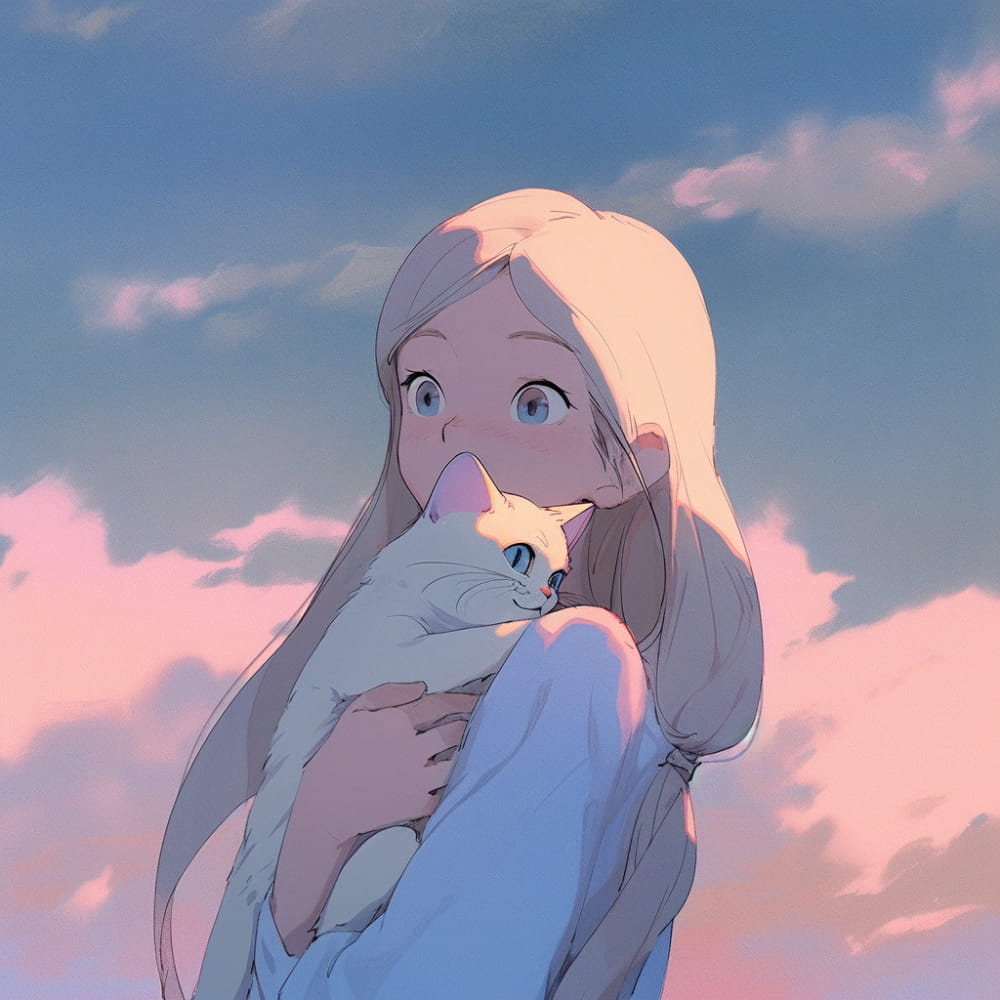 女孩抱着猫咪头顶蓝天白云治愈系女生Ai头像_7