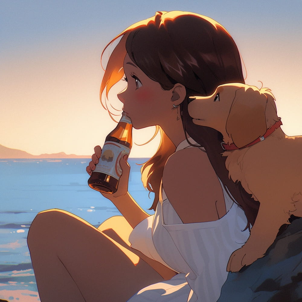 傍晚女孩喝着酒和狗狗看海和星空女生侧脸Ai头像_2