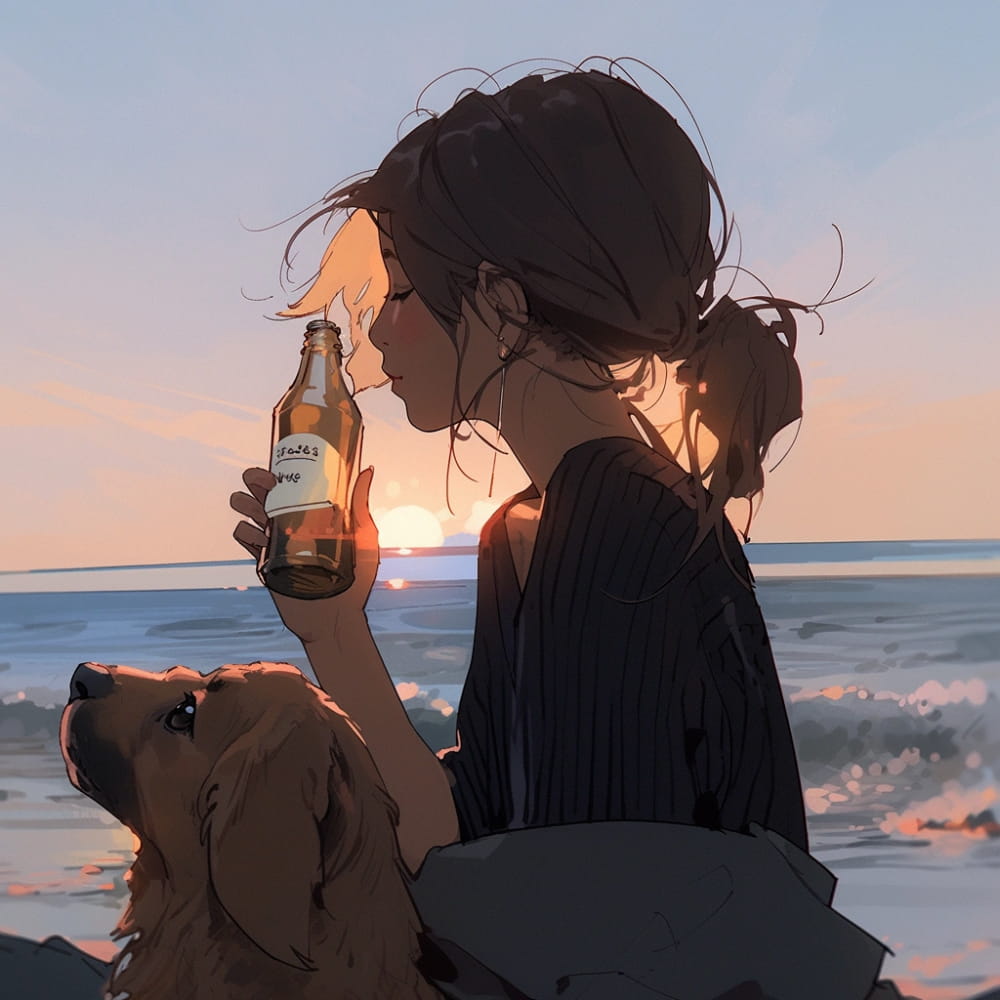 傍晚女孩喝着酒和狗狗看海和星空女生侧脸Ai头像_4