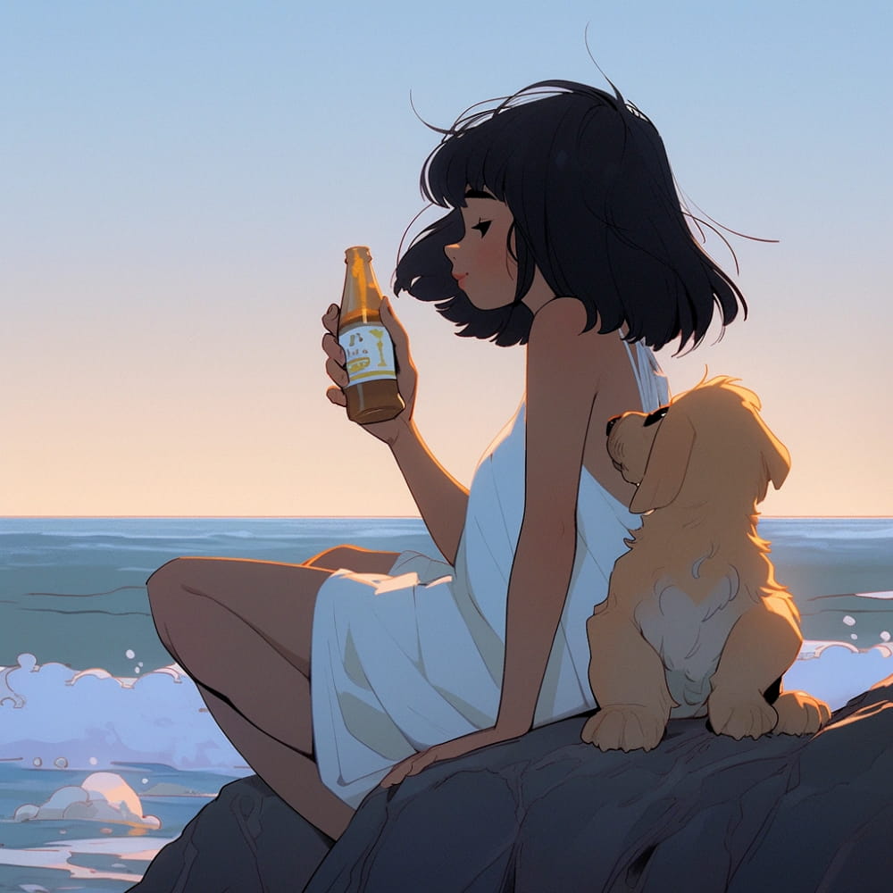 傍晚女孩喝着酒和狗狗看海和星空女生侧脸Ai头像_5