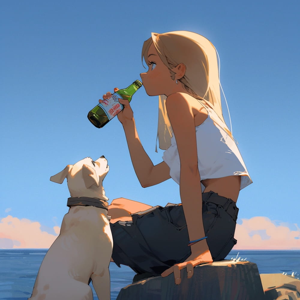 傍晚女孩喝着酒和狗狗看海和星空女生侧脸Ai头像_6