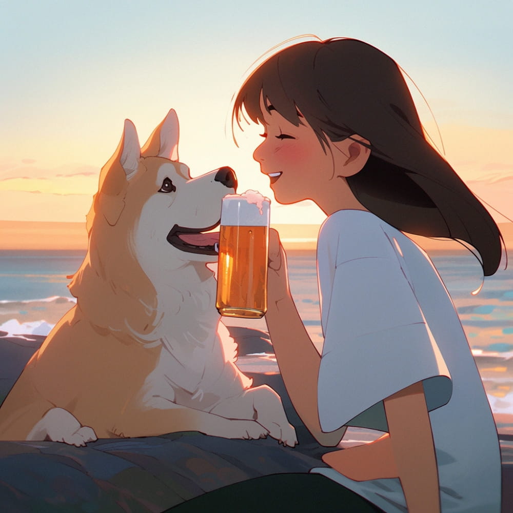 傍晚女孩喝着酒和狗狗看海和星空女生侧脸Ai头像_7