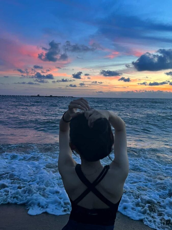 温柔长发女生海边看日出日落氛围感微信头像 优质女孩浪漫海滩背影头像_1