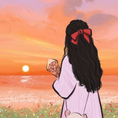 红色蝴蝶结黑色长发温柔女生背影头像 手捧鲜花落日氛围感手绘高清头像