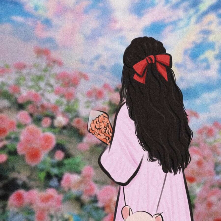红色蝴蝶结黑色长发温柔女生背影头像 手捧鲜花落日氛围感手绘高清头像_2