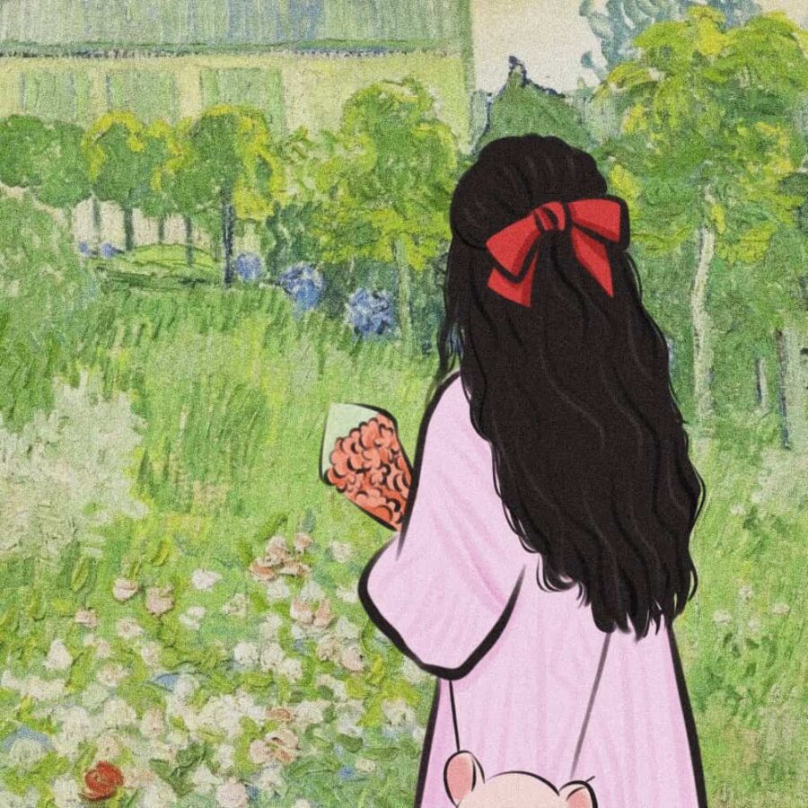 红色蝴蝶结黑色长发温柔女生背影头像 手捧鲜花落日氛围感手绘高清头像_3