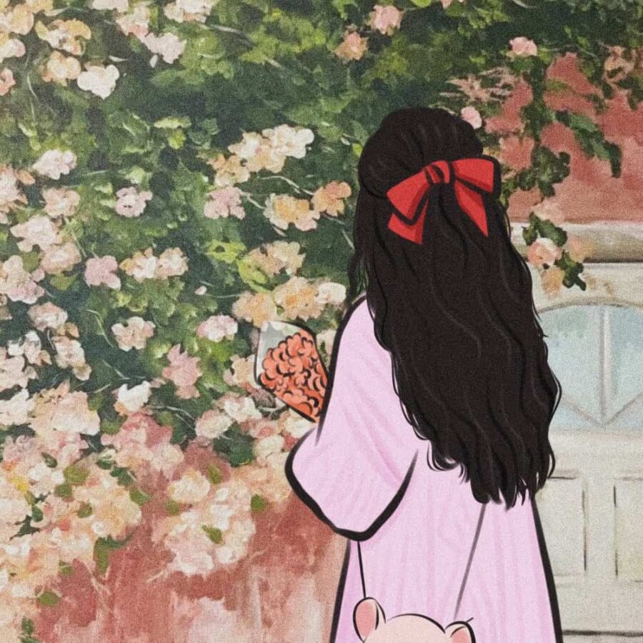 红色蝴蝶结黑色长发温柔女生背影头像 手捧鲜花落日氛围感手绘高清头像_4