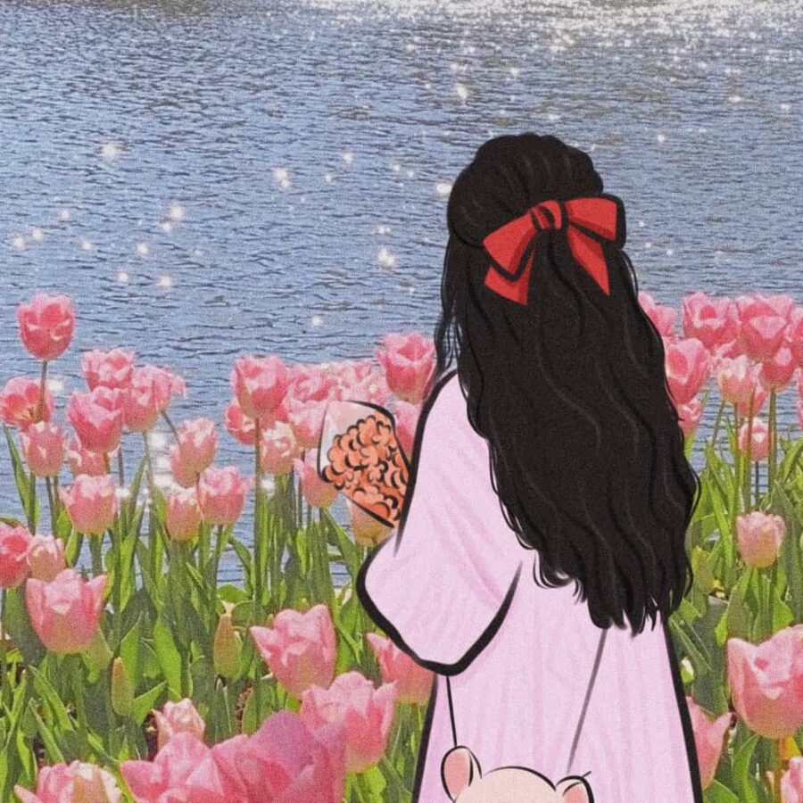 红色蝴蝶结黑色长发温柔女生背影头像 手捧鲜花落日氛围感手绘高清头像_5