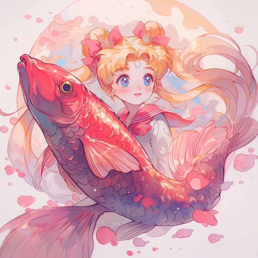 运气越来越好的锦鲤微信头像 AI绘画卡通可爱女孩骑大鱼上岸图片_1