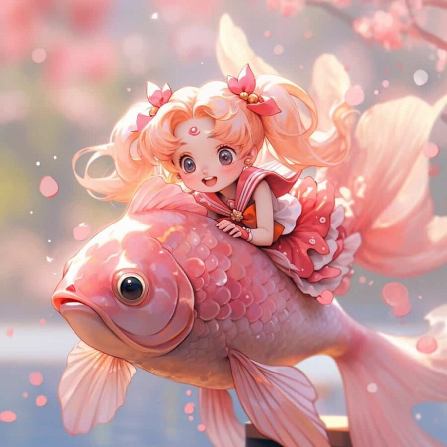 运气越来越好的锦鲤微信头像 AI绘画卡通可爱女孩骑大鱼上岸图片_2