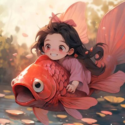 运气越来越好的锦鲤微信头像 AI绘画卡通可爱女孩骑大鱼上岸图片