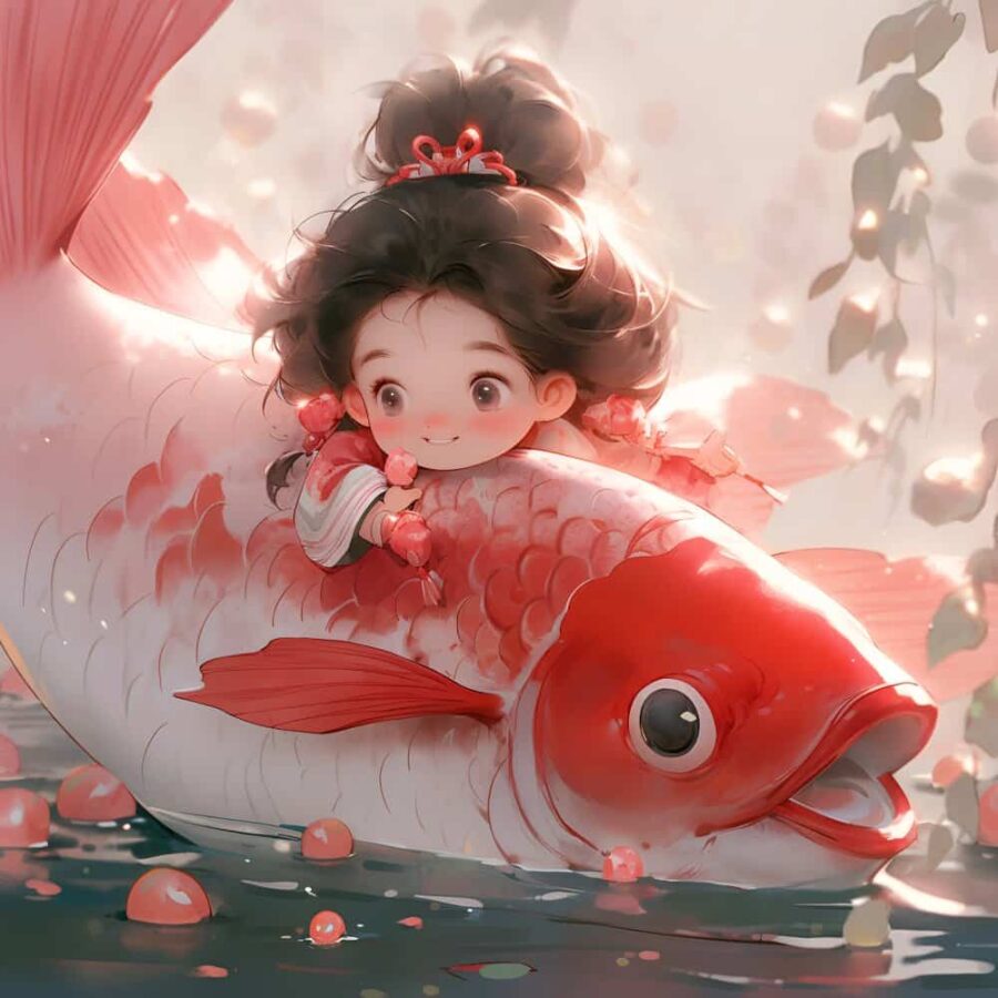 运气越来越好的锦鲤微信头像 AI绘画卡通可爱女孩骑大鱼上岸图片_6