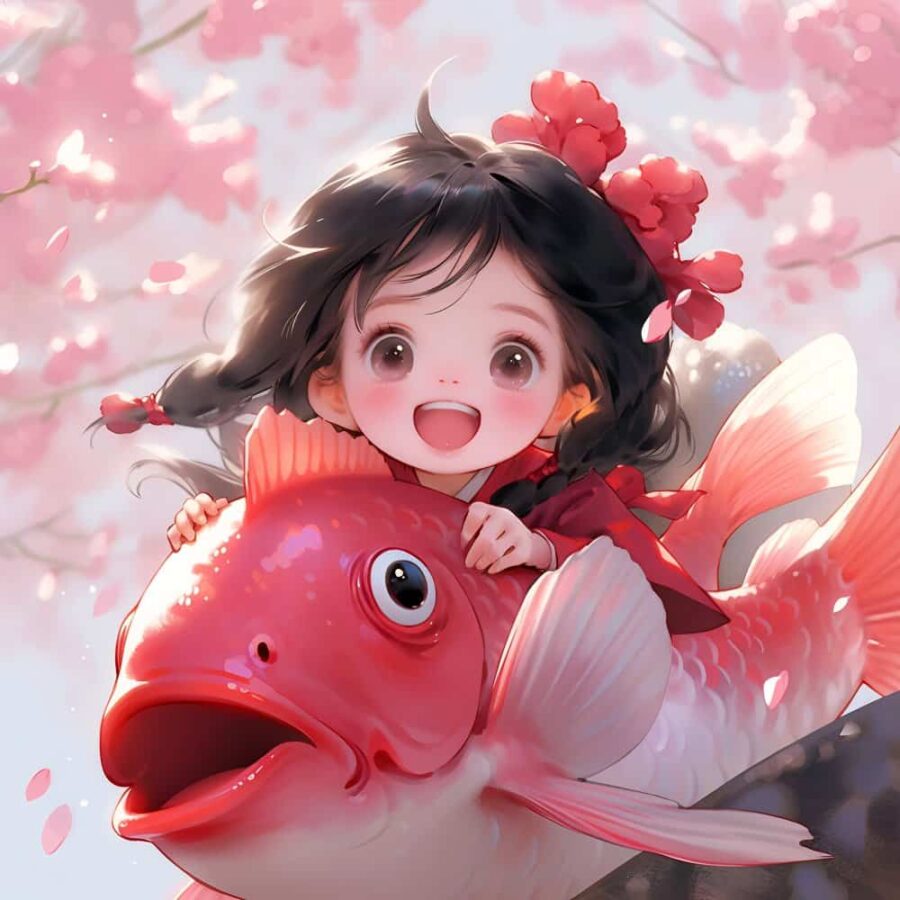 运气越来越好的锦鲤微信头像 AI绘画卡通可爱女孩骑大鱼上岸图片_8
