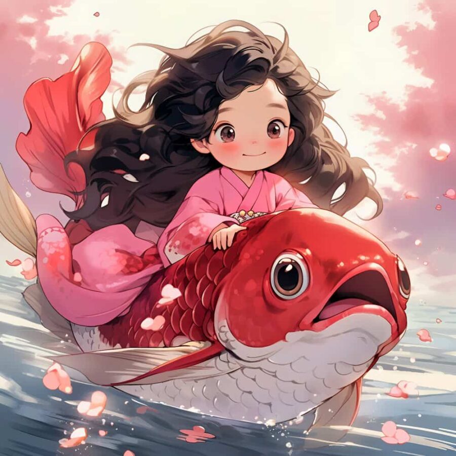 运气越来越好的锦鲤微信头像 AI绘画卡通可爱女孩骑大鱼上岸图片_9