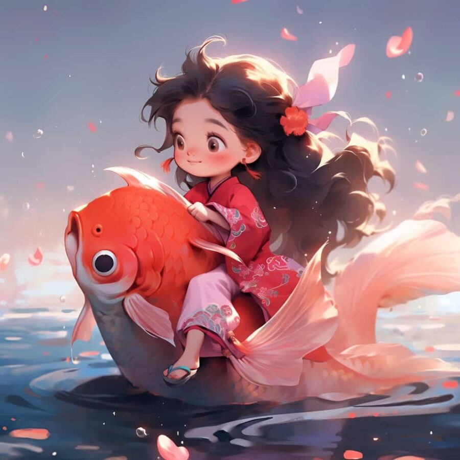 运气越来越好的锦鲤微信头像 AI绘画卡通可爱女孩骑大鱼上岸图片_10
