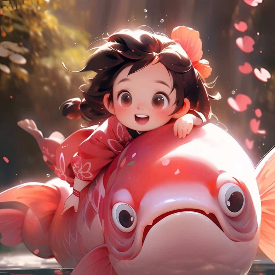 运气越来越好的锦鲤微信头像 AI绘画卡通可爱女孩骑大鱼上岸图片_11