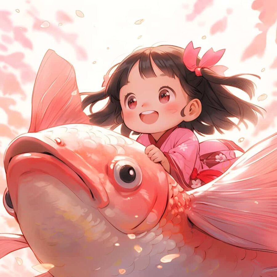 运气越来越好的锦鲤微信头像 AI绘画卡通可爱女孩骑大鱼上岸图片_12