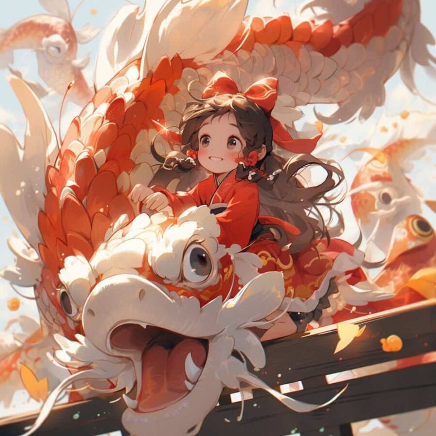 运气越来越好的锦鲤微信头像 AI绘画卡通可爱女孩骑大鱼上岸图片_19