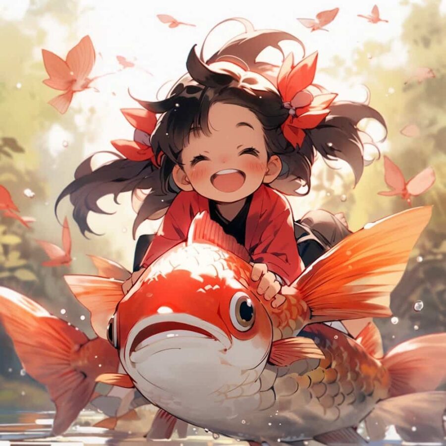 运气越来越好的锦鲤微信头像 AI绘画卡通可爱女孩骑大鱼上岸图片_20
