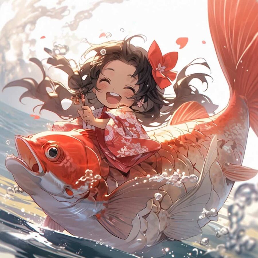 运气越来越好的锦鲤微信头像 AI绘画卡通可爱女孩骑大鱼上岸图片_21