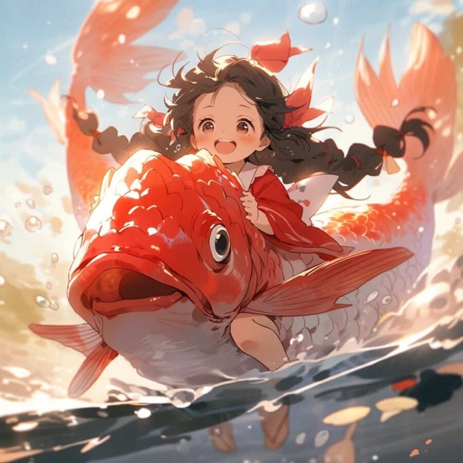 运气越来越好的锦鲤微信头像 AI绘画卡通可爱女孩骑大鱼上岸图片_22