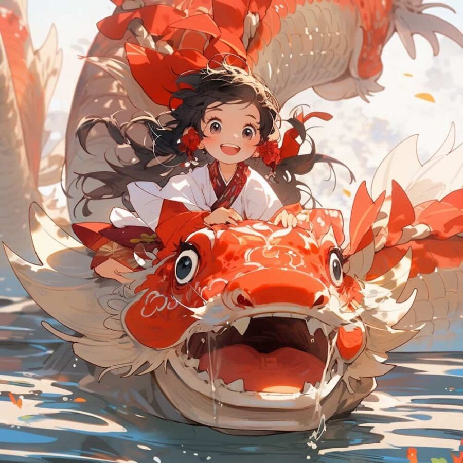 运气越来越好的锦鲤微信头像 AI绘画卡通可爱女孩骑大鱼上岸图片_23