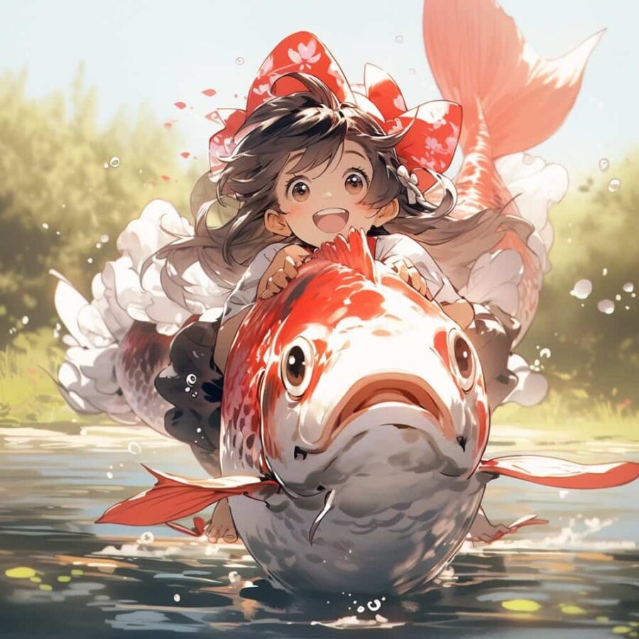 运气越来越好的锦鲤微信头像 AI绘画卡通可爱女孩骑大鱼上岸图片_24