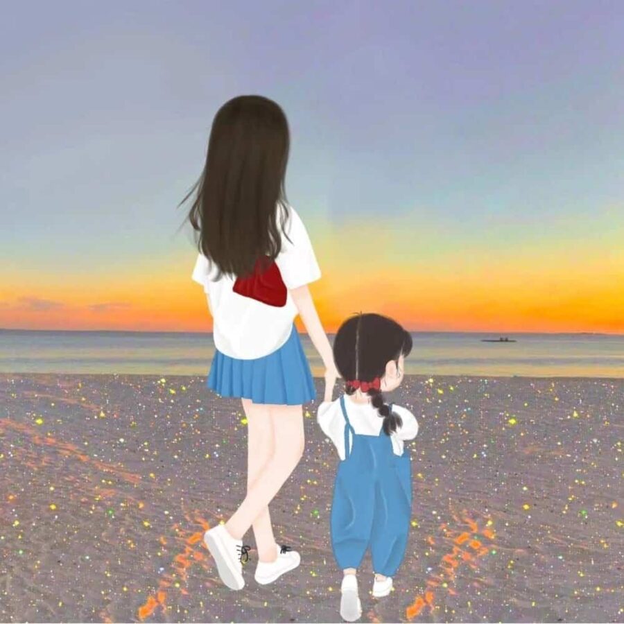 妈妈和一个女儿卡通漫画版微信头像 优质唯美亲子母女头像图_16