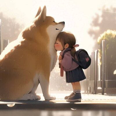 小女孩抱大猫大狗有爱治愈系微信头像 AI绘画柴犬白猫和女孩头像图