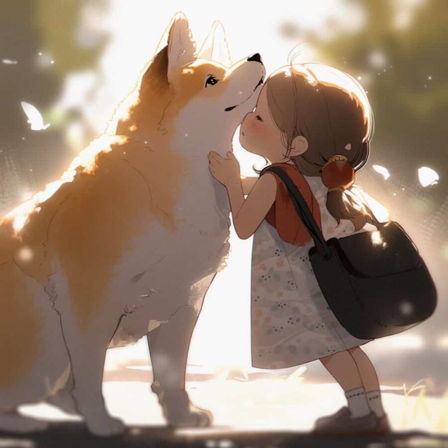 小女孩抱大猫大狗有爱治愈系微信头像 AI绘画柴犬白猫和女孩头像图_2