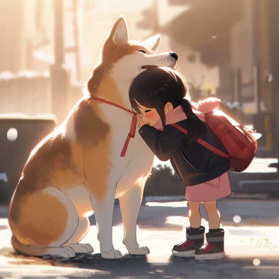 小女孩抱大猫大狗有爱治愈系微信头像 AI绘画柴犬白猫和女孩头像图_3
