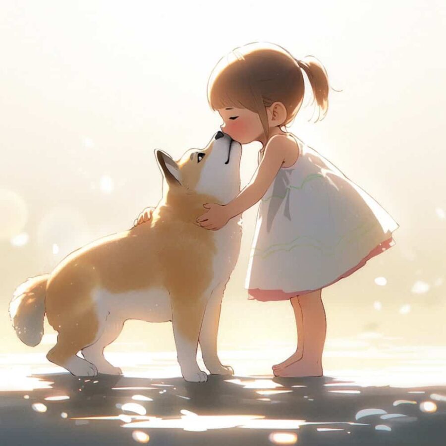 小女孩抱大猫大狗有爱治愈系微信头像 AI绘画柴犬白猫和女孩头像图_4