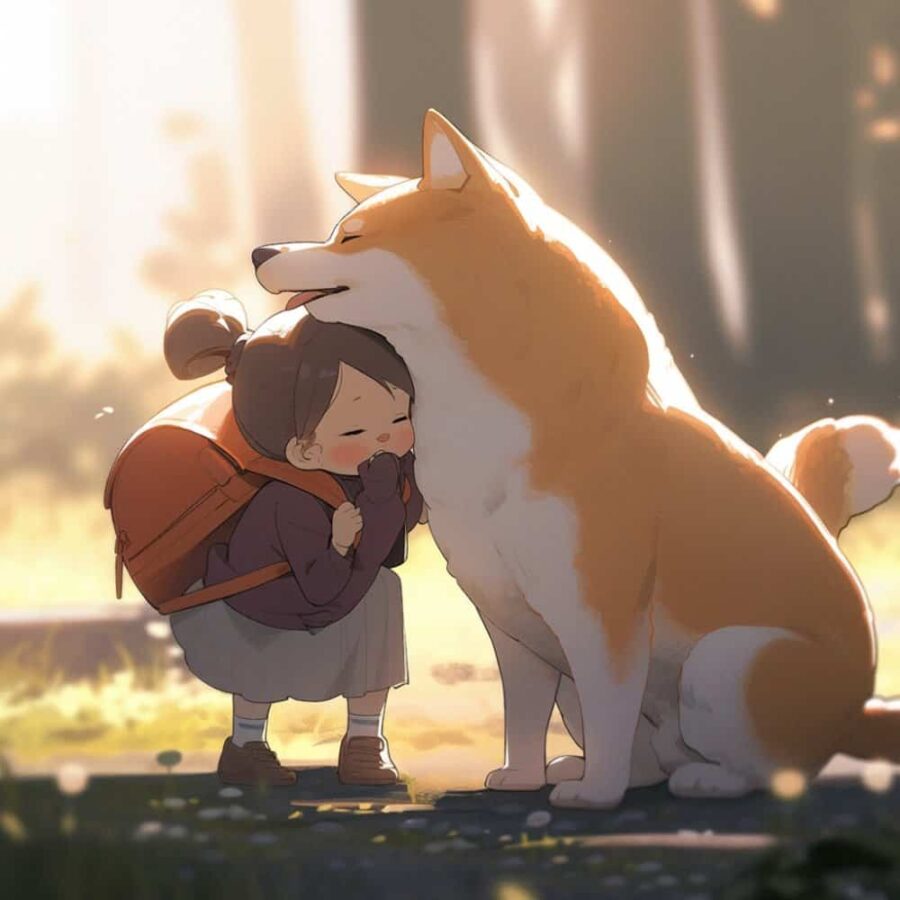 小女孩抱大猫大狗有爱治愈系微信头像 AI绘画柴犬白猫和女孩头像图_5