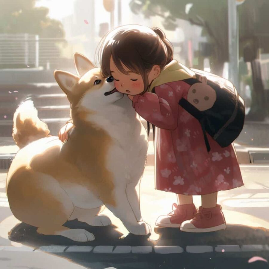 小女孩抱大猫大狗有爱治愈系微信头像 AI绘画柴犬白猫和女孩头像图_6