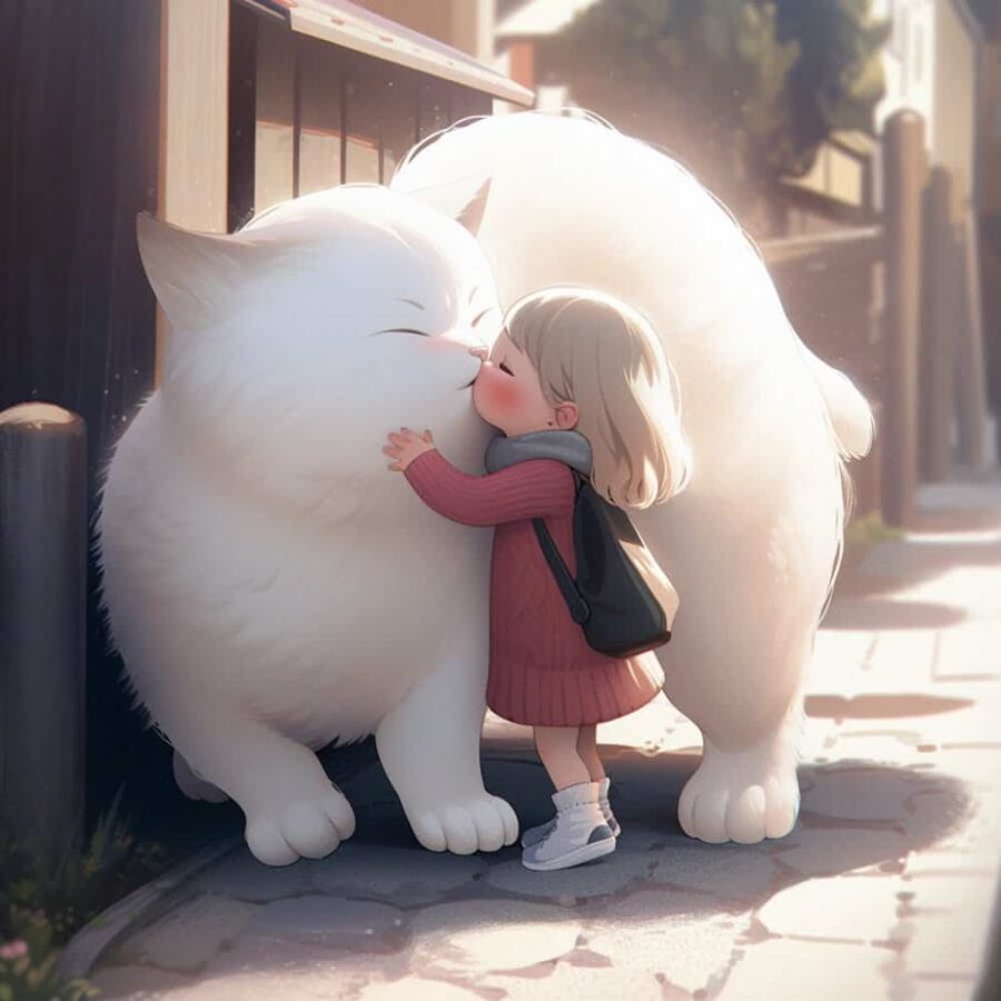 小女孩抱大猫大狗有爱治愈系微信头像 AI绘画柴犬白猫和女孩头像图_8