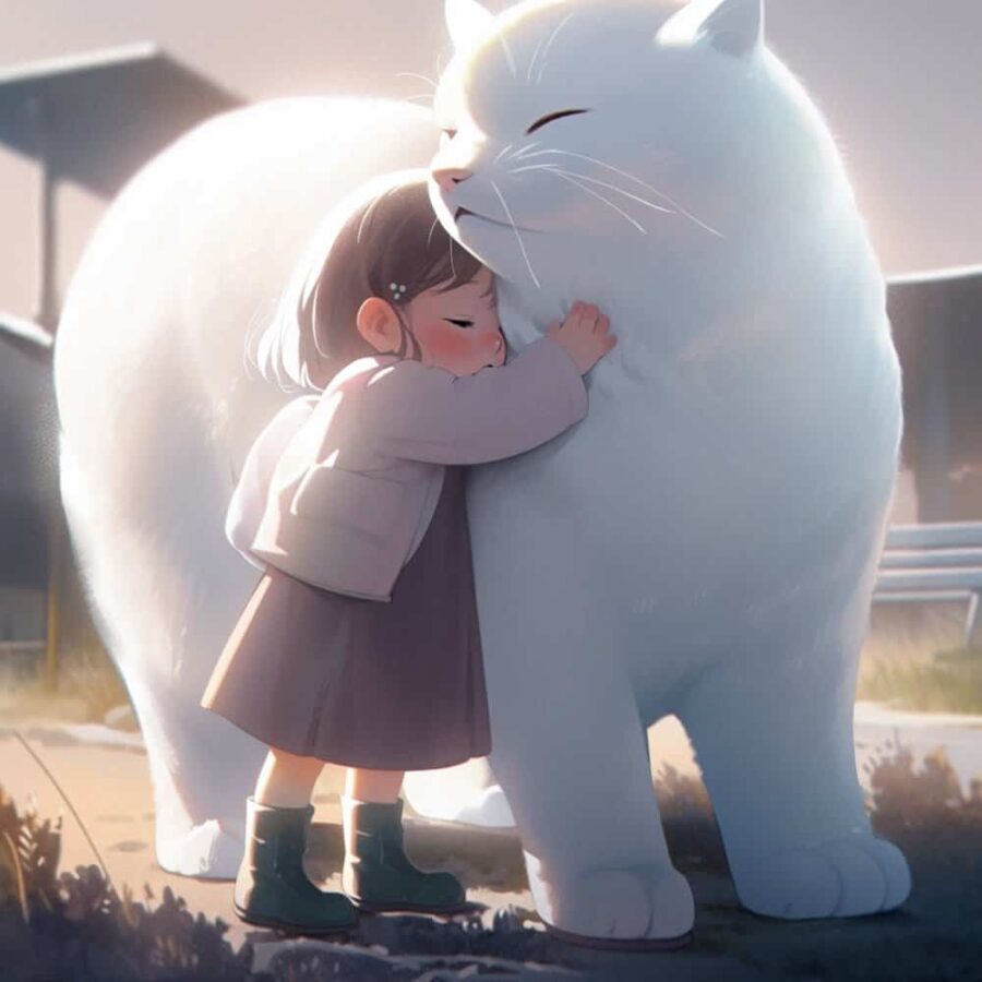 小女孩抱大猫大狗有爱治愈系微信头像 AI绘画柴犬白猫和女孩头像图_9