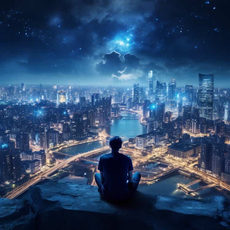 深夜男人山顶独自面对城市喧嚣灯火男生背影头像 AI孤独感星空下失恋高冷男生头像_1