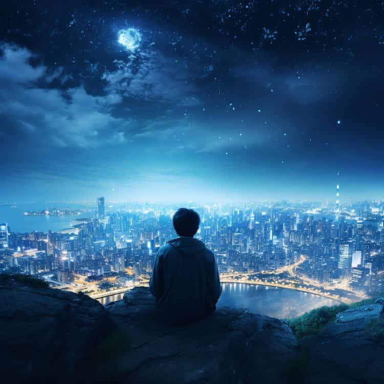 深夜男人山顶独自面对城市喧嚣灯火男生背影头像 AI孤独感星空下失恋高冷男生头像_3