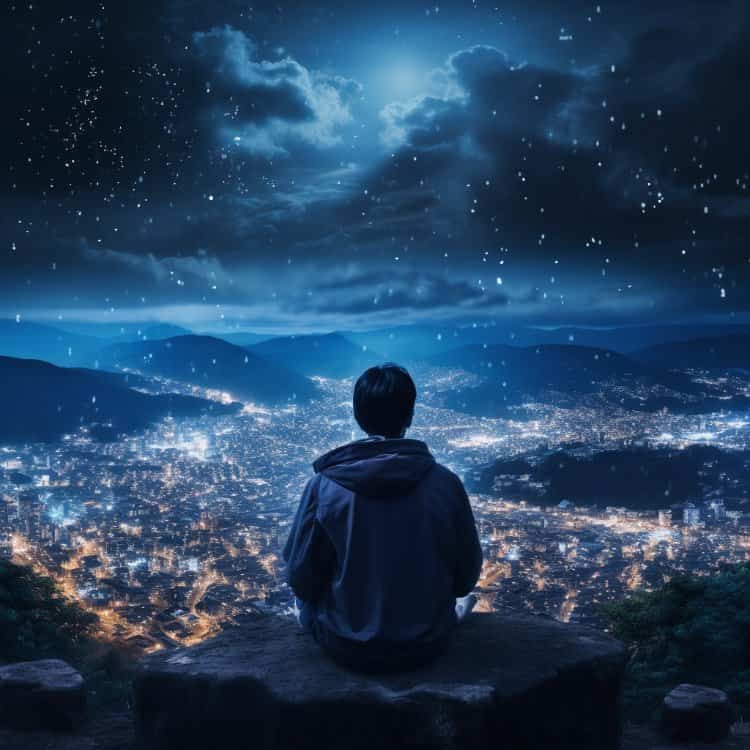 深夜男人山顶独自面对城市喧嚣灯火男生背影头像 AI孤独感星空下失恋高冷男生头像_5