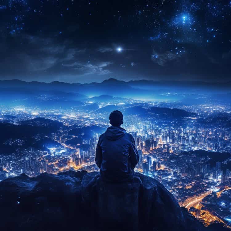 深夜男人山顶独自面对城市喧嚣灯火男生背影头像 AI孤独感星空下失恋高冷男生头像_12