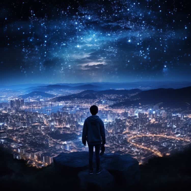 深夜男人山顶独自面对城市喧嚣灯火男生背影头像 AI孤独感星空下失恋高冷男生头像_13