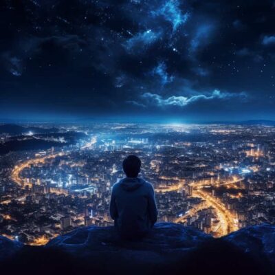 深夜男人山顶独自面对城市喧嚣灯火男生背影头像 AI孤独感星空下失恋高冷男生头像