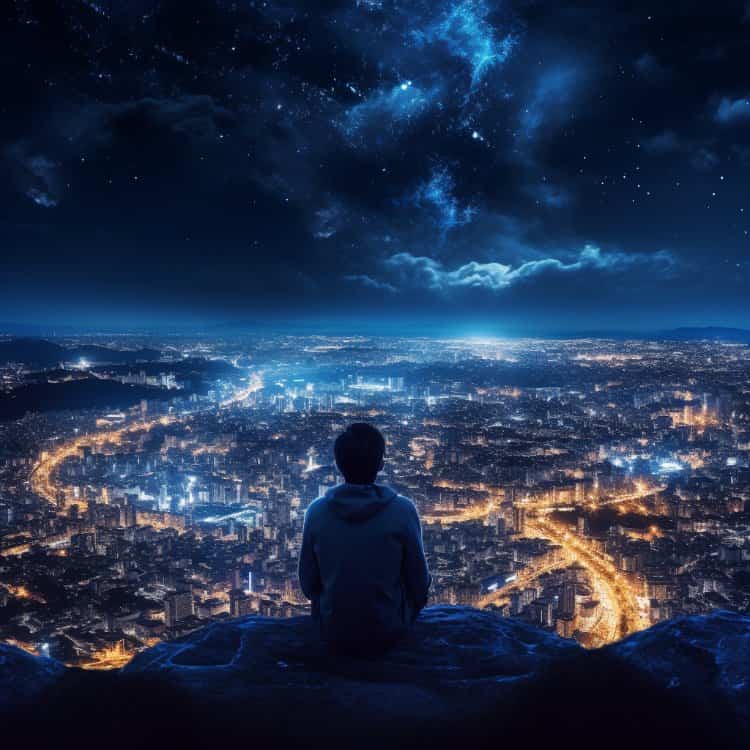 深夜男人山顶独自面对城市喧嚣灯火男生背影头像 AI孤独感星空下失恋高冷男生头像_14