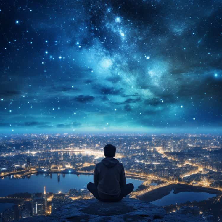 深夜男人山顶独自面对城市喧嚣灯火男生背影头像 AI孤独感星空下失恋高冷男生头像_16