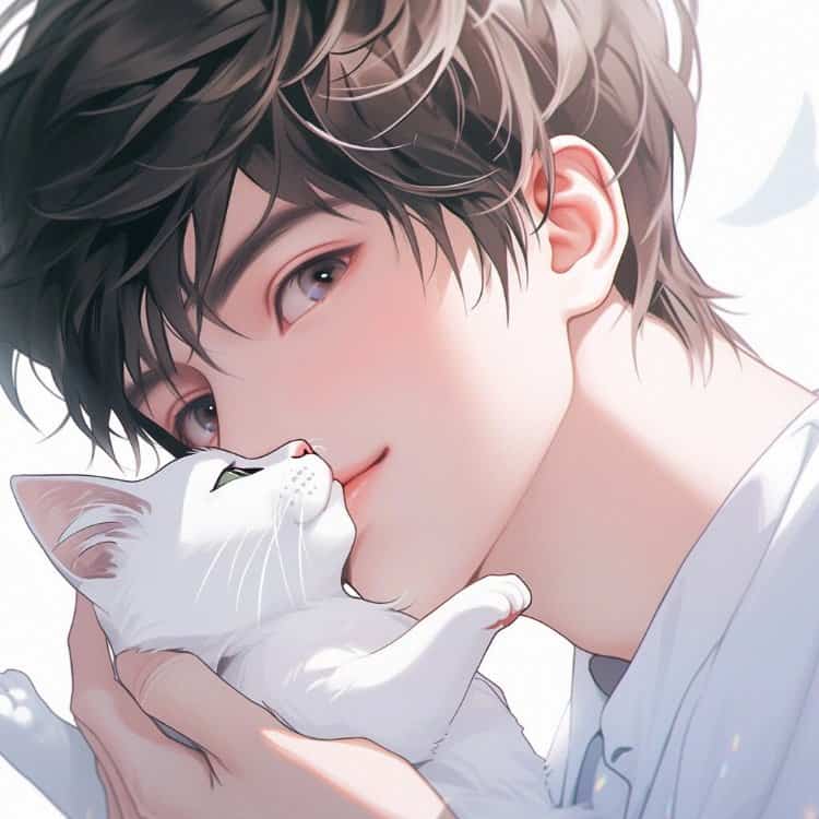 好看有爱的动漫情头一男一女都抱着猫 AI绘画抱宠物猫清爽男女情侣头像_11