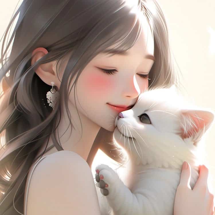 好看有爱的动漫情头一男一女都抱着猫 AI绘画抱宠物猫清爽男女情侣头像_15