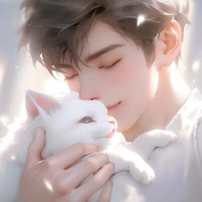 好看有爱的动漫情头一男一女都抱着猫 AI绘画抱宠物猫清爽男女情侣头像
