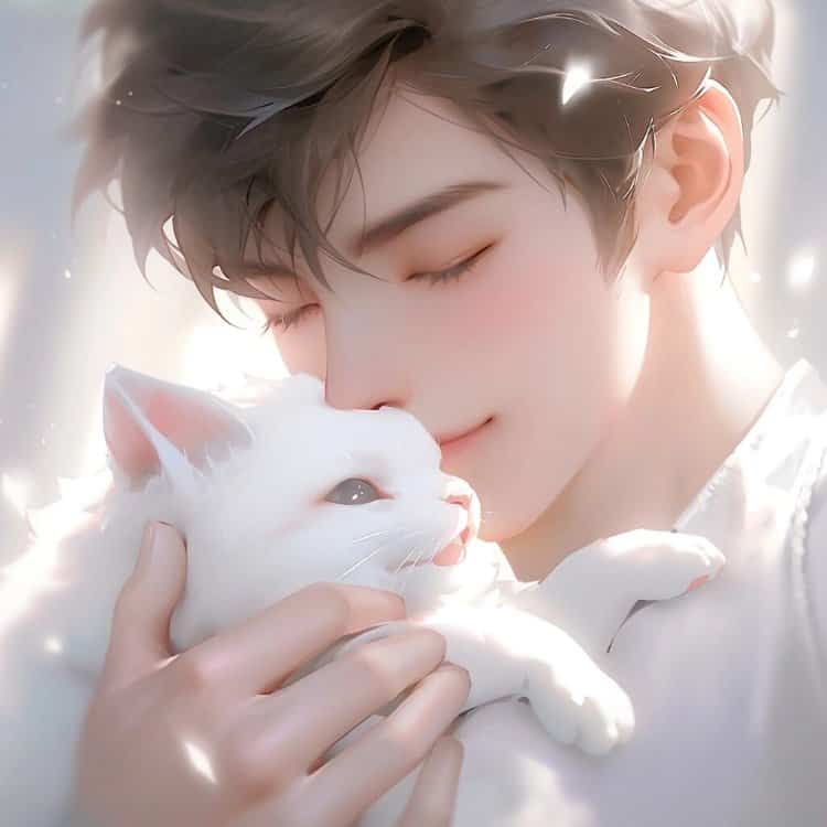 好看有爱的动漫情头一男一女都抱着猫 AI绘画抱宠物猫清爽男女情侣头像_14
